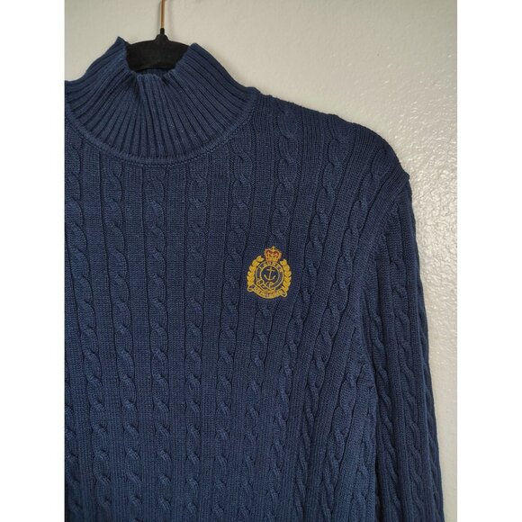 Lauren Ralph Lauren Navy Cable Knit Sweater Women Large Crest Preppy Turtleneck - Picture 1 of 14